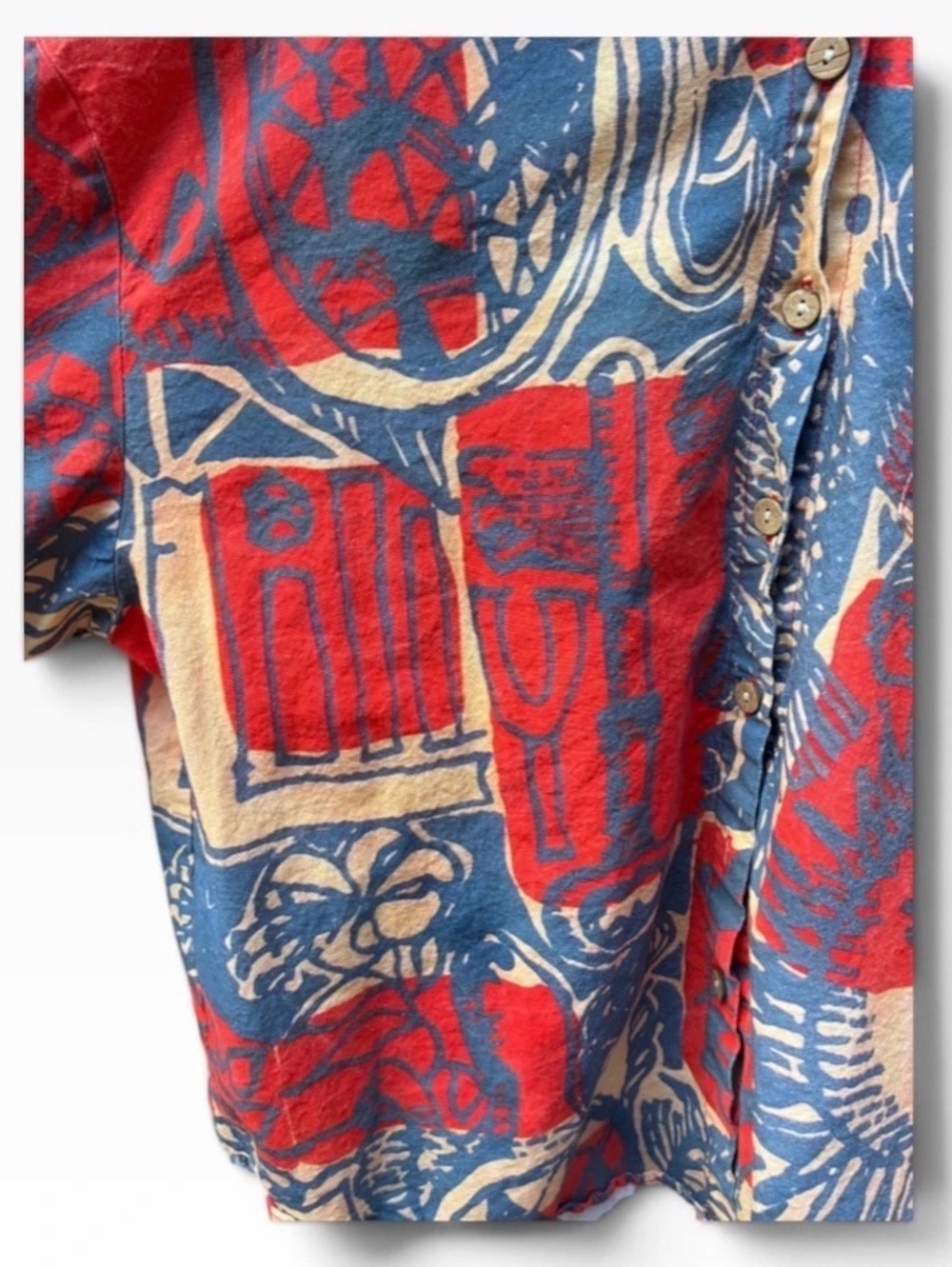 Plushcarpet Bohemian Ethnic Collage Art Pattern Abstract Print Button Down - Picture 5 of 9